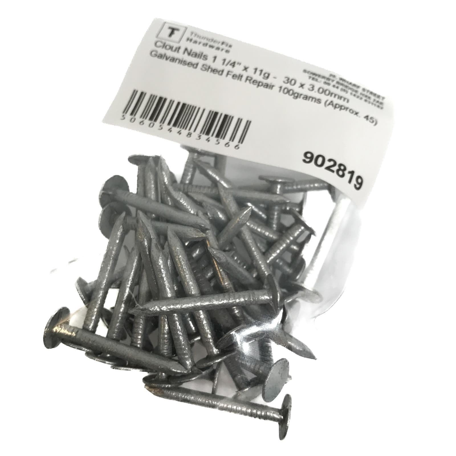 Clout Nails 1 1/4" x 11g - 30 x 3.00mm Galvanised Shed Felt Repair 100grams (Approx. 45) Service Item Thunderfix 902819