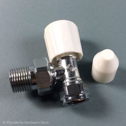 Optima Radiator Valve Angled 15mm Chrome Plated Wheelhead and Lockshield Tops - Thunderfix Hardware