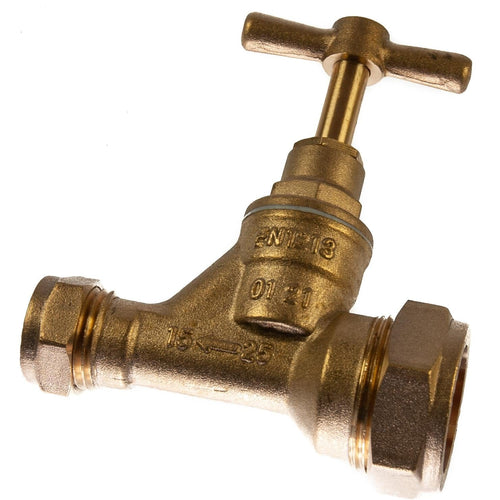 25mm x 15mm Brass Stopcock Compression MDPE to Copper