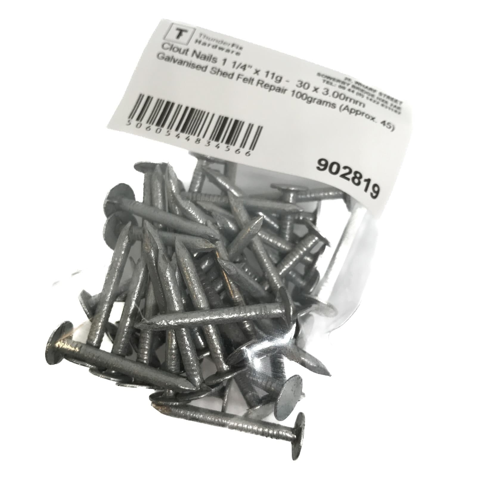 Clout Nails 1 1/4" x 11g -  30 x 3.00mm Galvanised Shed Felt Repair 100grams (Approx. 45) Service Item Thunderfix 902819