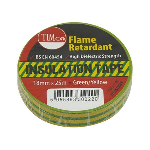PVC Insulation Tape Green/Yellow Stripe 25m x 18mm | Timco