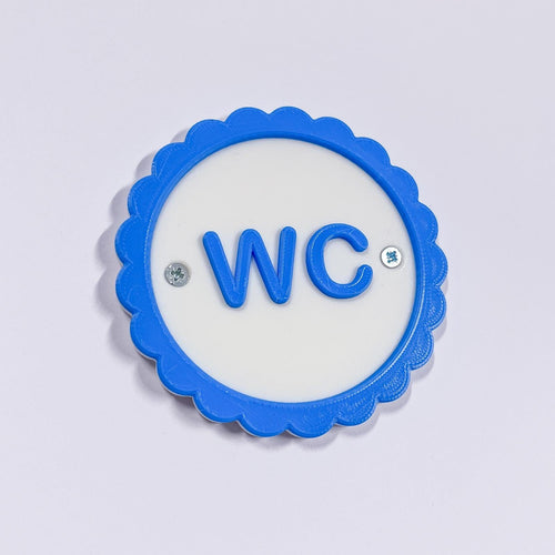 Round Petal Detail Blue and White WC Bathroom Door Sign with Fixings