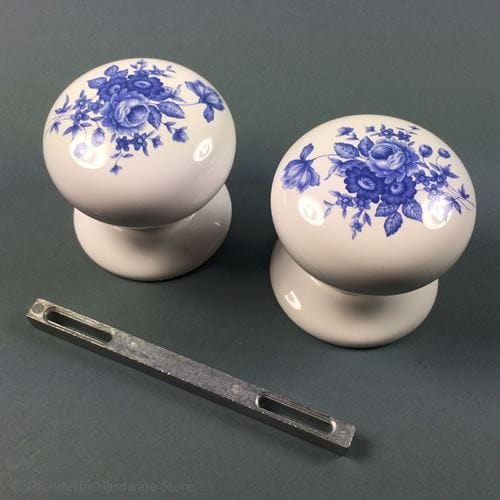 Ceramic Door Knobs Handles White with Blue Flower Design