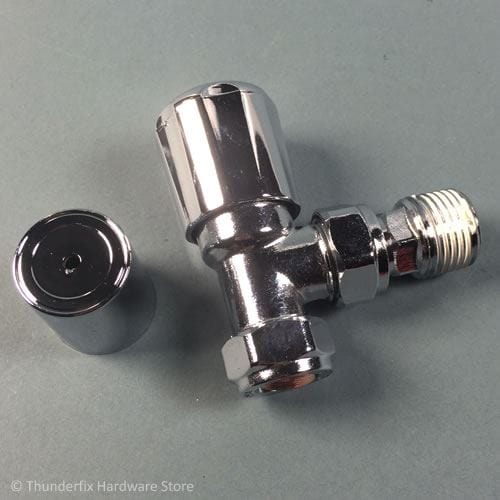 Optima Plus Radiator Valve Angled 15mm All Chrome Wheelhead and Lockshield Tops