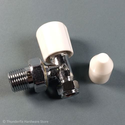 Optima Radiator Valve Angled 10mm Chrome Plated Wheelhead and Lockshield Tops