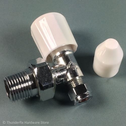 Optima Radiator Valve Angled 8mm Chrome Plated Wheelhead and Lockshield Tops