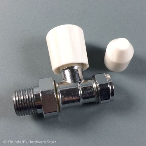 Optima Radiator Valve Straight 15mm Chrome Plated Wheelhead and Lockshield Tops