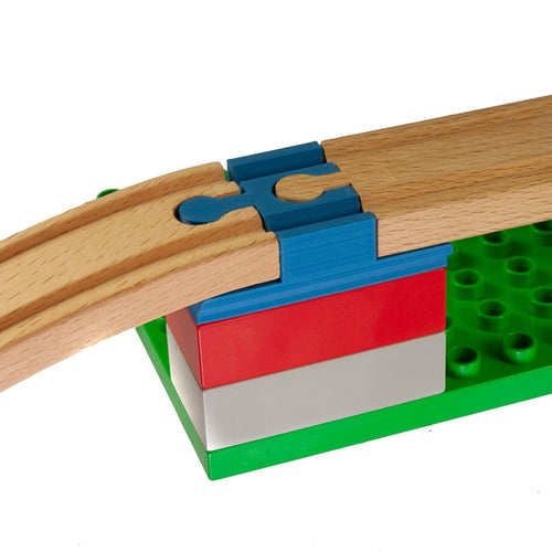 Wooden train track adapter compatible with Duplo and Brio fits onto 4 x 2 Brick