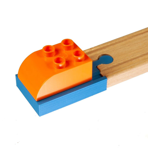 Wooden train track buffer adaptor creator compatible with Duplo and Brio 3 x 2 Brick